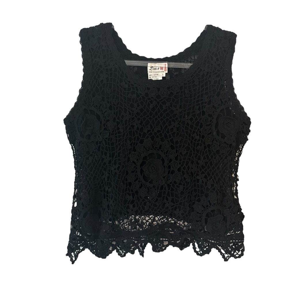 NWT Lim's vintage black hand crochet lace sleeveless tank top  double layer M